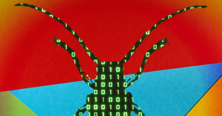 Silhouette of a bug with binary code pattern on a colorful red, blue, and yellow background.