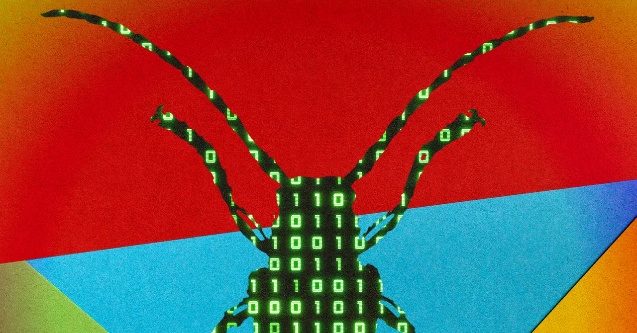 Silhouette of a bug with binary code pattern on a colorful red, blue, and yellow background.