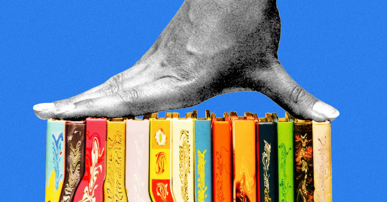 A monochrome hand stepping on a row of colorful book spines against a solid blue background.