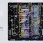 Server rack with cables and components, MTIA 400 chip image on left, text: "72 chips (MTIA 400) in a single scale-up domain.