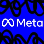 Meta logo with infinity symbol on blue background, surrounded by abstract black patterns.