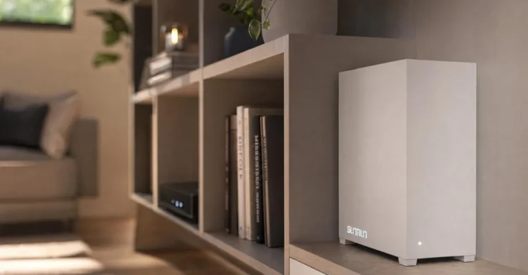 Sleek white device labeled Sunrun on a modern shelf with books and decor, soft lighting, blurred background with couch