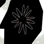 Abstract silhouette with a central starburst pattern, surrounded by orange, black, and white jagged shapes.