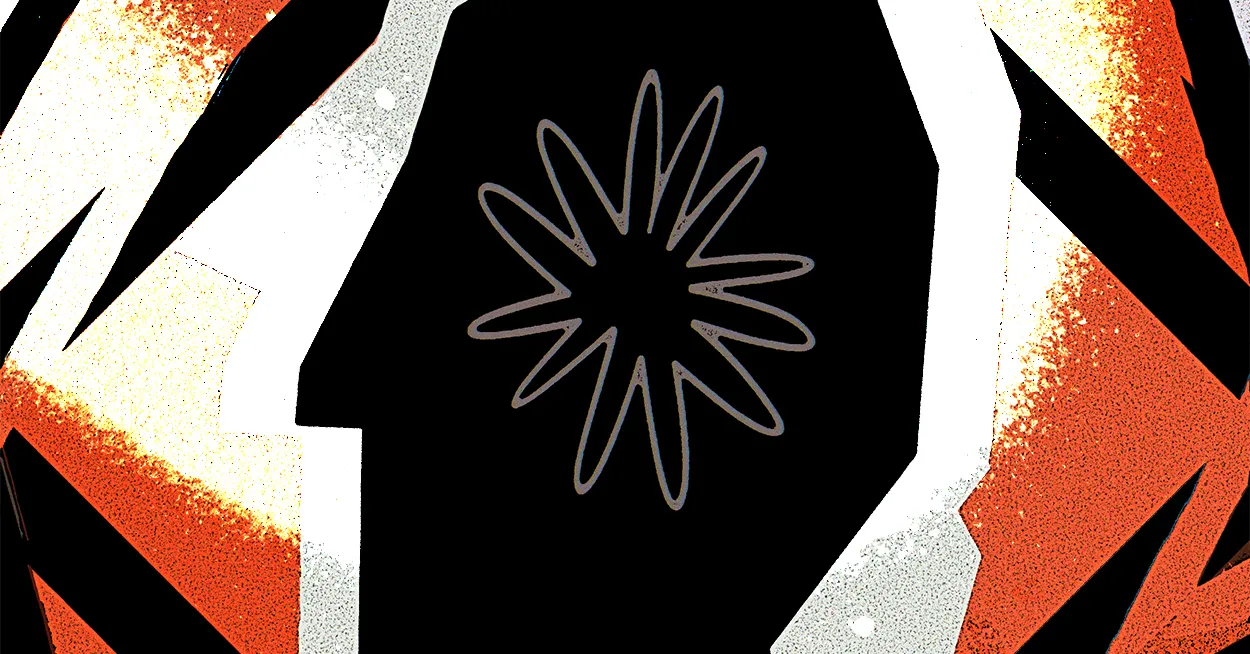 Abstract silhouette with a central starburst pattern, surrounded by orange, black, and white jagged shapes.