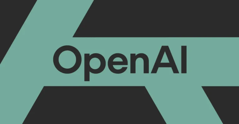 OpenAI logo with bold text on a teal and black abstract background.