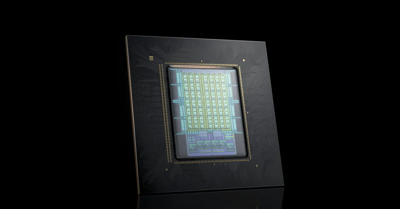 Close-up of a computer chip with intricate circuitry on a black background.