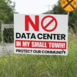 Sign on roadside grass reads "No Data Center in My Small Town! Protect Our Community" with trees and road in background.