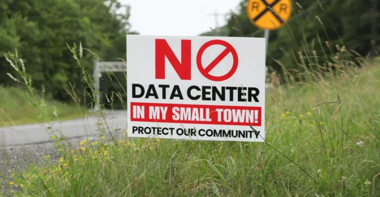 Sign on roadside grass reads "No Data Center in My Small Town! Protect Our Community" with trees and road in background.