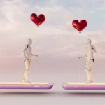 Two humanoid robots stand on smartphones holding heart-shaped balloons against a cloudy sky.