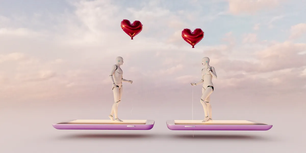 Two humanoid robots stand on smartphones holding heart-shaped balloons against a cloudy sky.
