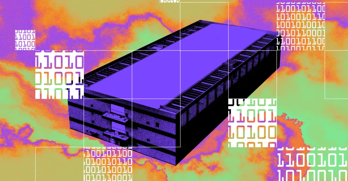 Purple data center illustration with binary code overlay, set against a vibrant orange and green cloud background.