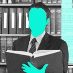 Faceless figure in a suit holding an open book in front of shelves filled with legal volumes, highlighted text overlay.