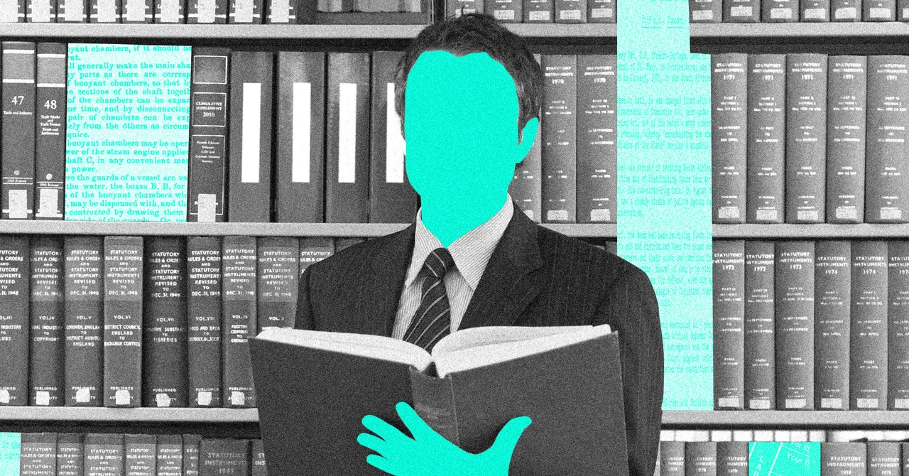 Faceless figure in a suit holding an open book in front of shelves filled with legal volumes, highlighted text overlay.