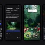 Four mobile screens show a game creation interface with a forest scene, text input, tasks, and sharing options.