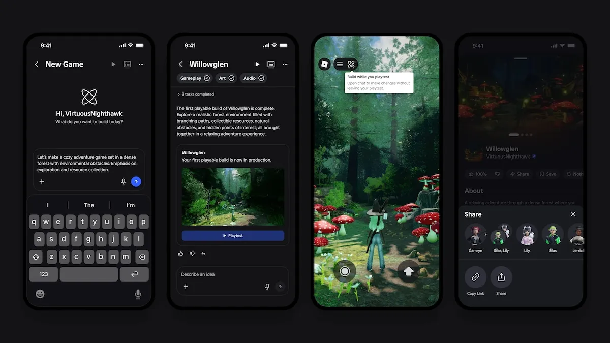 Four mobile screens show a game creation interface with a forest scene, text input, tasks, and sharing options.