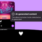 Smartphone screen showing an album titled "Tone Def" by an artist, with AI-generated content notification.