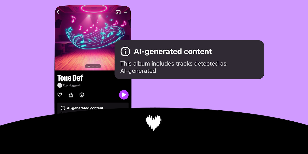 Smartphone screen showing an album titled "Tone Def" by an artist, with AI-generated content notification.