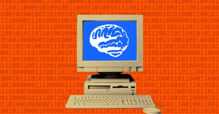 Old computer setup with a brain image on the screen against an orange binary code background.