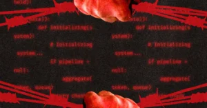 Red code text on black background, overlaid with red barbed wire and clenched fist graphics