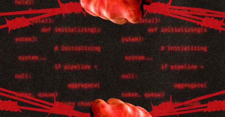 Red code text on black background, overlaid with red barbed wire and clenched fist graphics