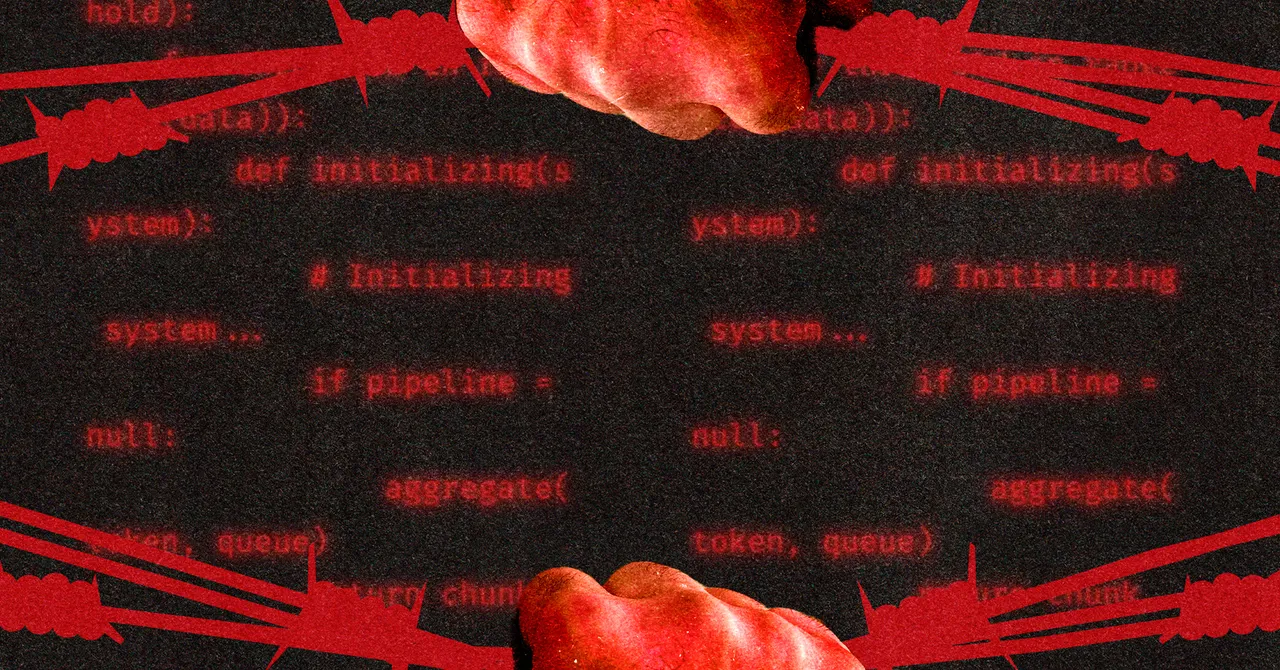 Red code text on black background, overlaid with red barbed wire and clenched fist graphics