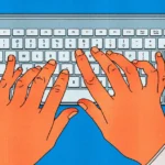 Hands typing on a keyboard against a blue background, viewed from above.