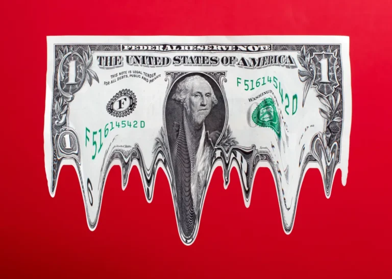Distorted one-dollar bill melting against a red background.