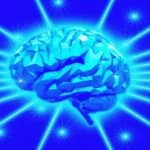 Geometric blue brain with glowing lines radiating outward on a bright blue background