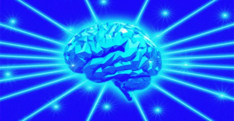 Geometric blue brain with glowing lines radiating outward on a bright blue background