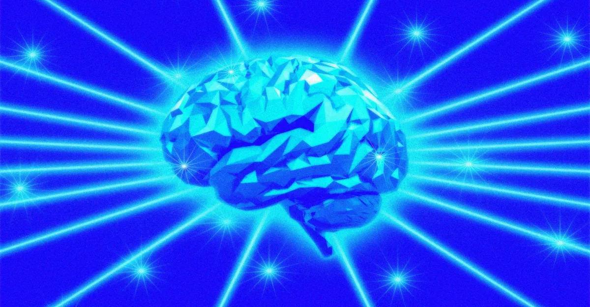 Geometric blue brain with glowing lines radiating outward on a bright blue background