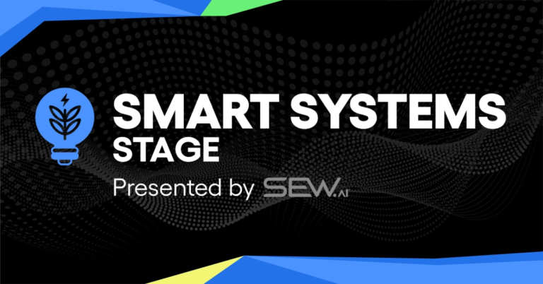 Smart Systems Stage banner with blue lightbulb icon and text "Presented by SEW.ai" on a black dotted background.