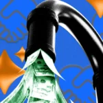 Black pipe with dollar bills flowing out, blue background with orange sparkles and handshake icons.