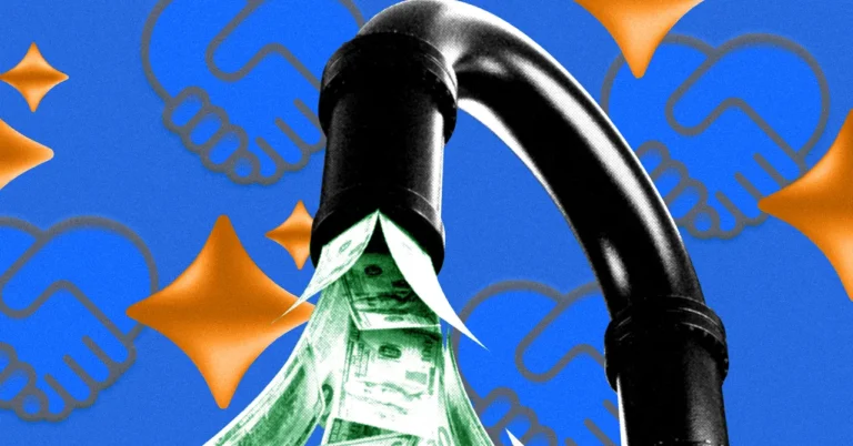 Black pipe with dollar bills flowing out, blue background with orange sparkles and handshake icons.