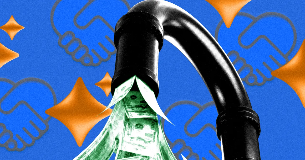 Black pipe with dollar bills flowing out, blue background with orange sparkles and handshake icons.