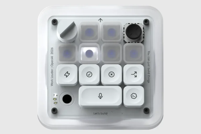 Compact keypad with various buttons and dials, featuring text "Work Louder | OpenAI 2026" and "You can just build things".