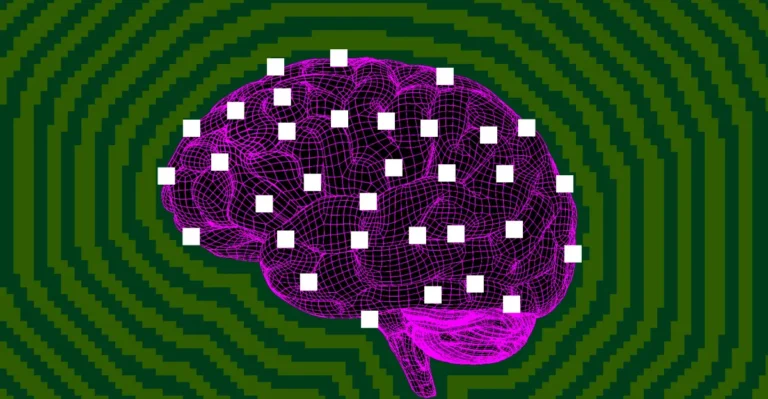 Digital brain with magenta wireframe and white squares on a green, concentric striped background.