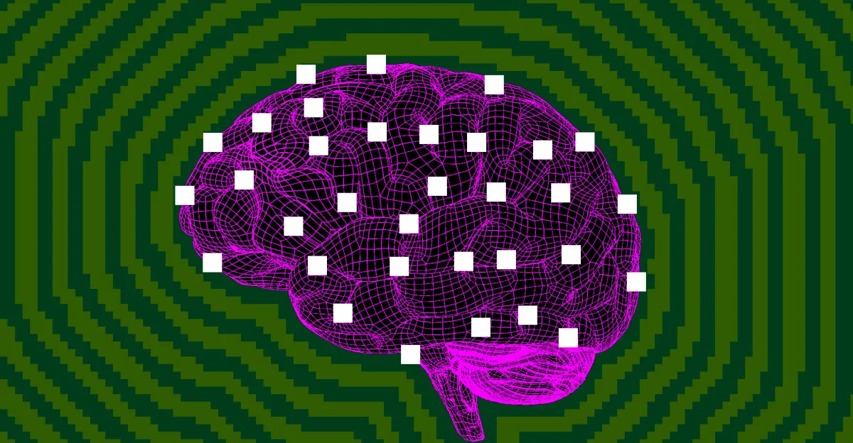Digital brain with magenta wireframe and white squares on a green, concentric striped background.
