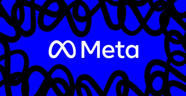 Meta logo on a blue background with black abstract shapes surrounding it.