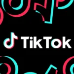 TikTok logo centered on a black background with red and blue abstract shapes surrounding it.