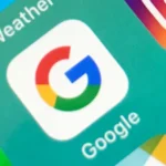 Google app icon on a smartphone screen, surrounded by Weather, Instagram, and WhatsApp icons on a green background.