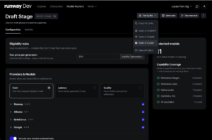 Runway Dev interface showing draft stage configuration, eligibility rules, and provider options for model optimization.