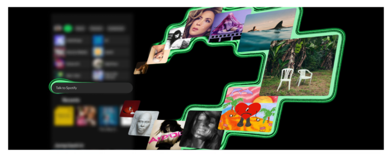 Spotify interface featuring a "Talk to Spotify" prompt, surrounded by various album covers and images with a green outline.