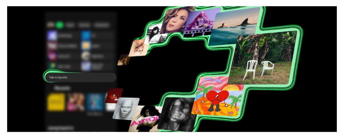 Spotify interface featuring a "Talk to Spotify" prompt, surrounded by various album covers and images with a green outline.