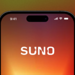 Smartphone screen displaying the Suno logo with a gradient background, time 9:41, and signal icons visible.