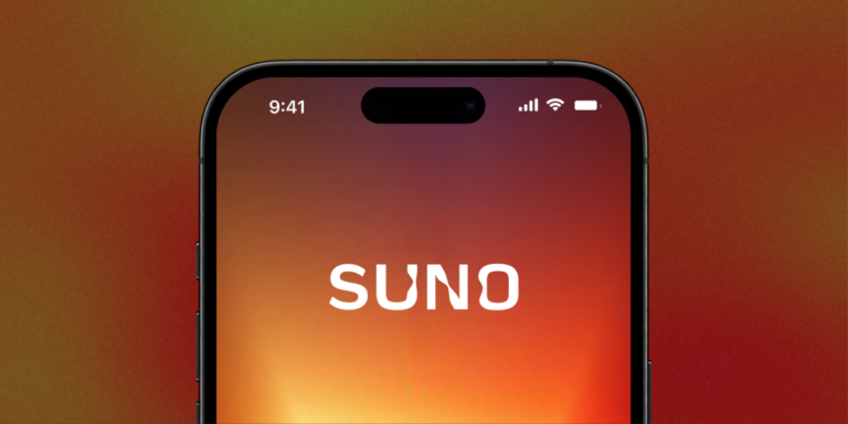Smartphone screen displaying the Suno logo with a gradient background, time 9:41, and signal icons visible.