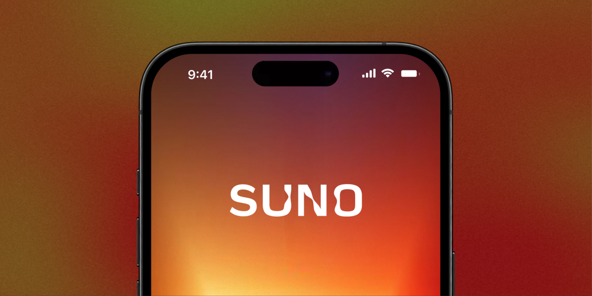 Smartphone screen displaying the Suno logo with a gradient background, time 9:41, and signal icons visible.