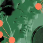 A collage of a person singing into a microphone with overlapping faces and network-like orange patterns on a green backgro...