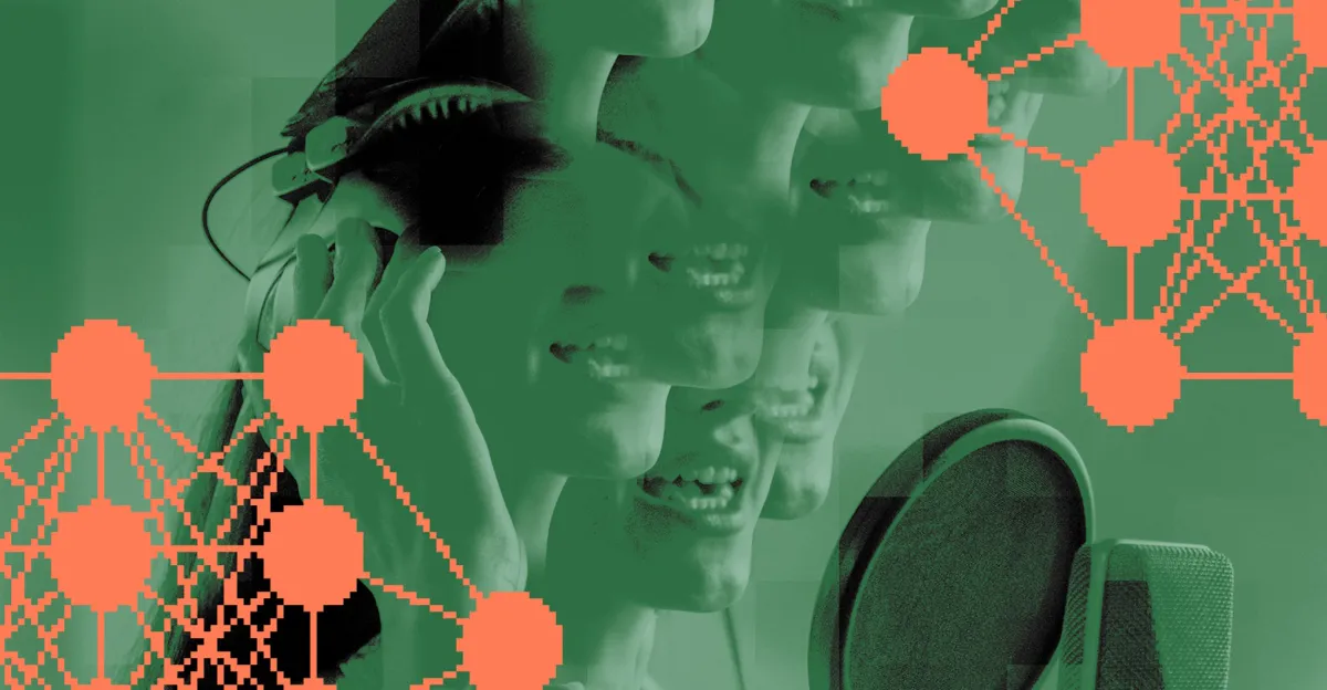 A collage of a person singing into a microphone with overlapping faces and network-like orange patterns on a green backgro...