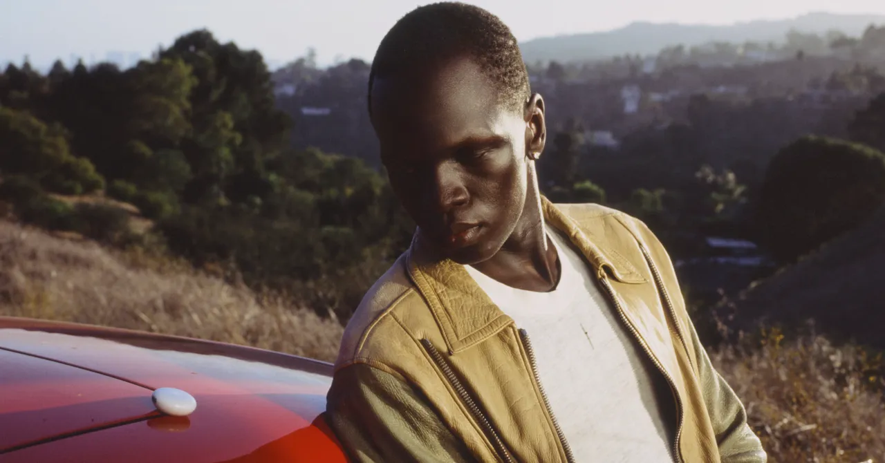 Person in a tan jacket leans against a red car with a small white device on the hood, set against a hilly landscape.