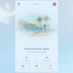 App interface with beach scene, greeting Sarah, 61°F and overcast. Buttons for automations, integrations, recipes, mail, t...